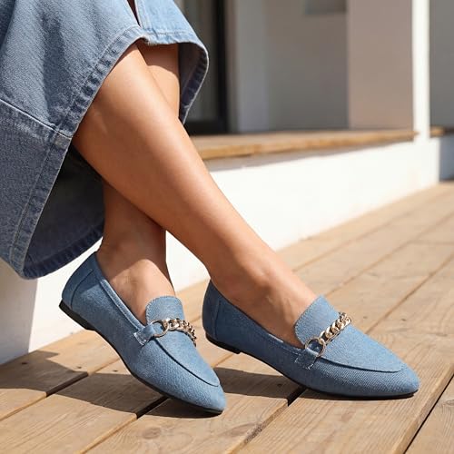 Image of Tilocow Metal Chain Loafers for Women Pointed Toe Slip on Flats Comfortable Fashion Work Shoes