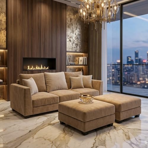 Image of SOCOZI Trevano 5 Seater L Shape Sofa Set with 2 Movable Ottomans | Flexible Layout| Soft Velvet Suede Fabric|Modern Sofa | Plush Comfort Cushions for Living Room (Beige-Cream)