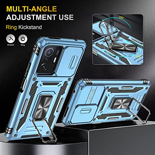 Image of Polycarbonate Slide Camera Cover with Ring Holder Mobile Phone Back Cover for Xiaomi 11T /Xiaomi 11T Pro (Blue)