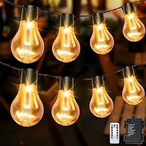 Outdoor String Lights Battery Operated: 9m/30ft LED with 12 A60 Plastic Bulb Hanging Festoon Light Remote Waterproof for Garden Decorative Cafe Patio Pergola Indoor