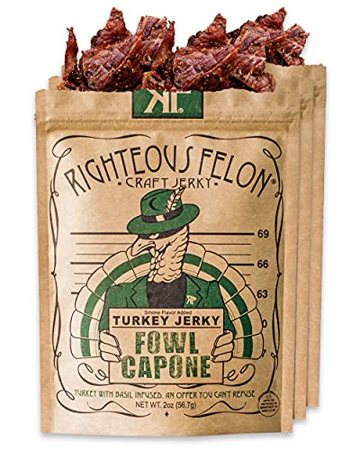Righteous Felon Turkey Jerky - Basil Infused - All Natural, Hormone and Preservative Free Protein Packed Snack - Low Sugar, High-Protein, Healthy Turkey Jerky For People - 3 Pack