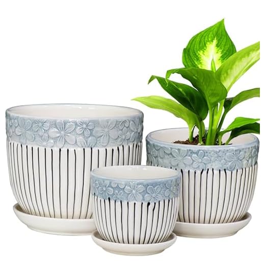 Ceramic Plant Pots Set of 3, 6.75/5.6/4.2 inch Planters with Drainage Holes and Saucer, Flower Pot Outdoor Indoor, Modern Decorative Planters for House Plants Garden Planters Succulent Pots