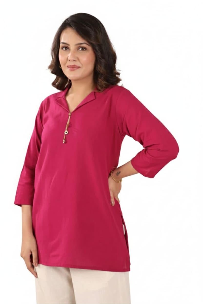 Women’s Cotton Co-ord Set, Rich Pink Collared Top with Off-White Floral Printed Palazzo Pants-picture-42