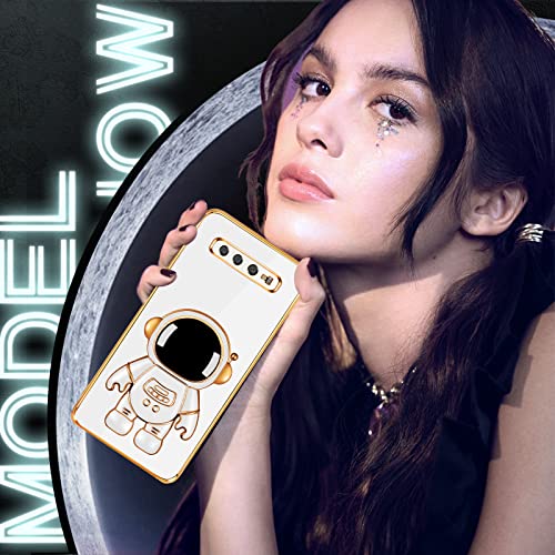 Lotadilo For Samsung Galaxy S10 Case, Galaxy S10 Cases With Astronaut Stand For Women Girls, Girly Cute Spaceman Love Heart Gold Plating 6D Phone Cover With Kickstand For S10 6.1 Inch White #TOP2