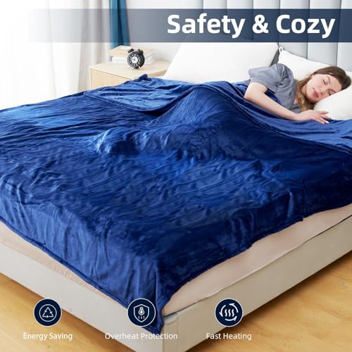 Electric Heated Blanket Throw Size 50" x 60", Super Cozy Soft with 6 Heat Levels & 3 Hours Auto Off, Home Office Use, Navy Blue