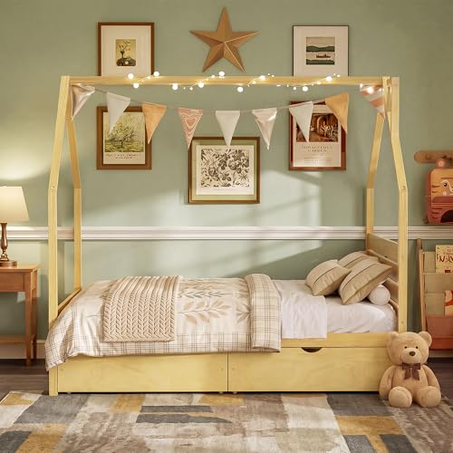Image of Full Size House-Shape Platform Bed with Headboard and 2 Storage Drawers, Montessori Wood Bed Frame with Roof and Chimney Design, No Box Spring Needed, Easy Assembly (Natural-06, Full)