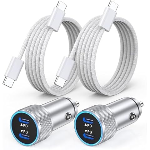 iPhone 16 Car Charger,2Pack Dual Port USB C Fast Car Charger Type C Rapid Car Charging with 2Pack USB C to C Nylon Braid Cable iPhone Car Charger Fast Charging for iPhone 16/16 Plus/15 Pro Max/iPad Cover