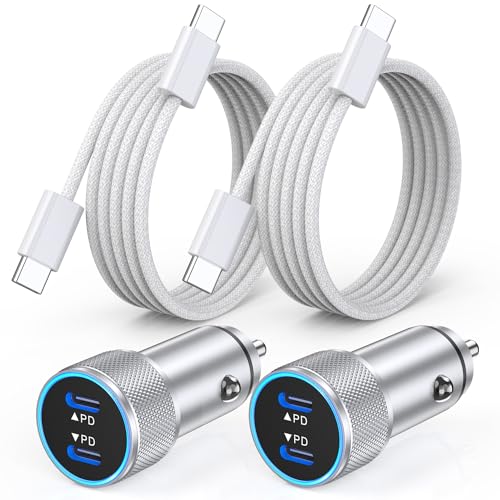 iPhone 16 Car Charger,2Pack Dual Port USB C Fast Car Charger Type C Rapid Charging Adapter with 2Pack USB C to C Nylon Braid Cable Woven Cord Fast Charging for iPhone 16/16 Pro/15/15 Pro Max/iPad