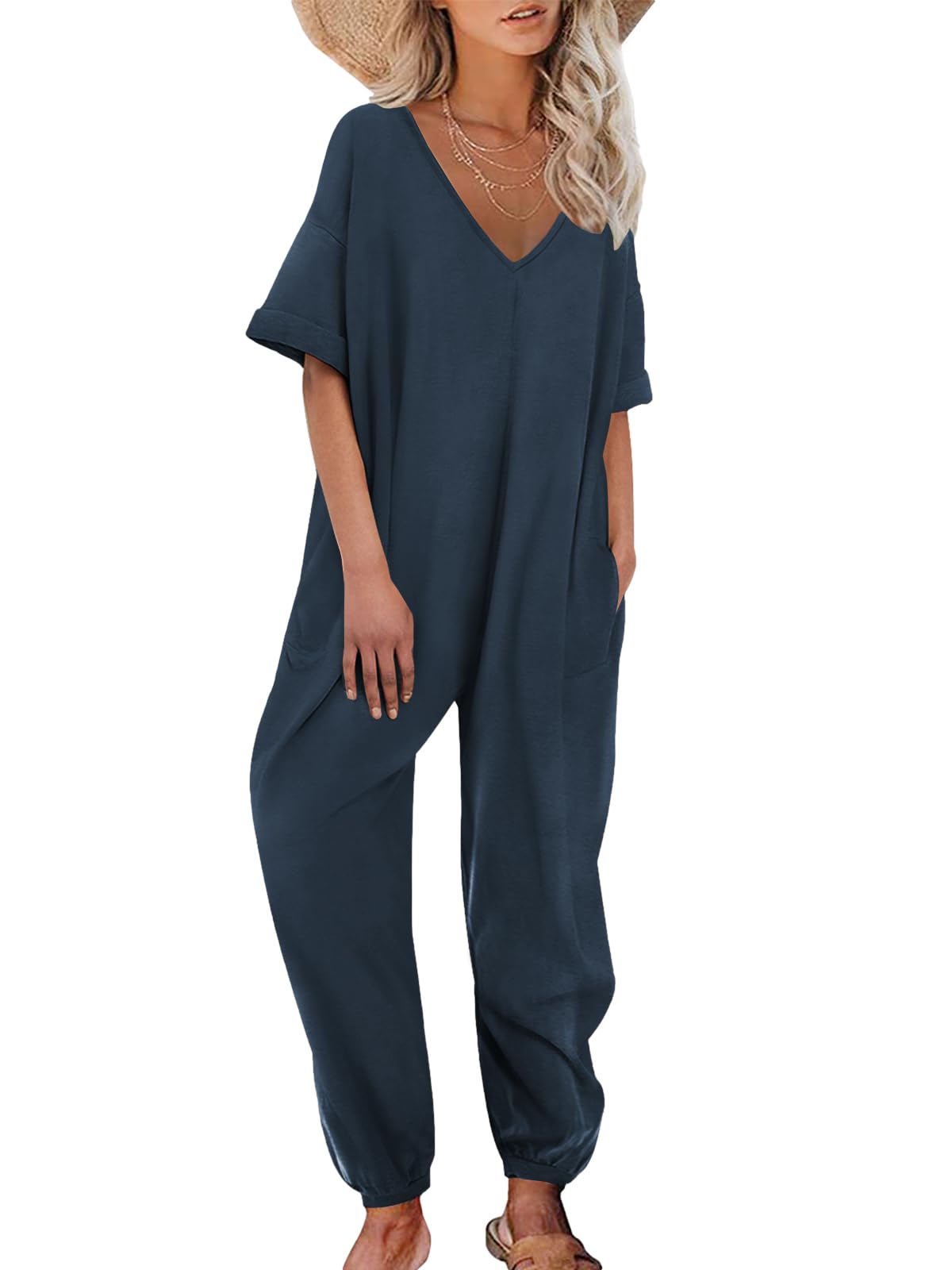 Nirovien Womens Short Sleeve Jumpsuits Casual V Neck Long Rompers Beam Foot Baggy Jumpers Summer Outfits