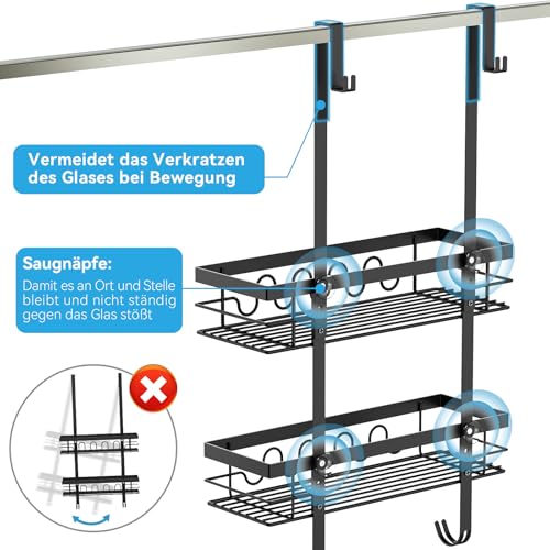 Duschablage ohne Bohren, Duschablage zum Hängen für Duschwand, Duschregal ohne Bohren mit 2 Duschkörben, Duschregal zum Hängen Shampoo Halterung für Dusche Schwarz