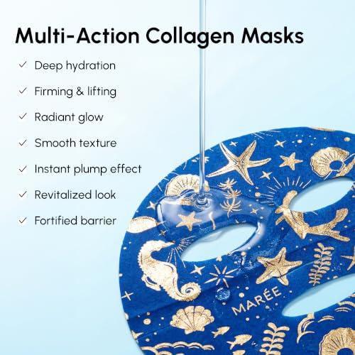 MAREE Collagen Facial Mask with Hyaluronic Acid — Sheet Face Mask Skincare — Centella Asiatica, Green & Red Algae Extract — Hydrating Facemask For Women Skin Care — Mascarillas Para La Cara — 6 Count - Image 4