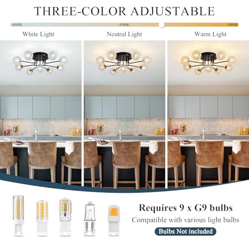 Image of Sputnik Semi Flush Mount Ceiling Light Black Glass Globe Ceiling Lighting Modern Close to Ceiling Light for Living Room Dining Room Bedroom Kitchen