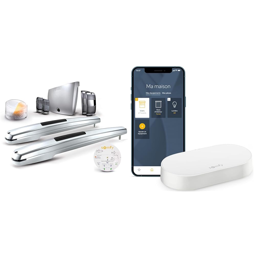 Pack Somfy Motorisation Exavia Star à vérins pour portail battant | Vantaux max : 2,50 m (L) et 2 m (H) + Kit de Connectivité pour Piloter le Moteur avec votre Smartphone
