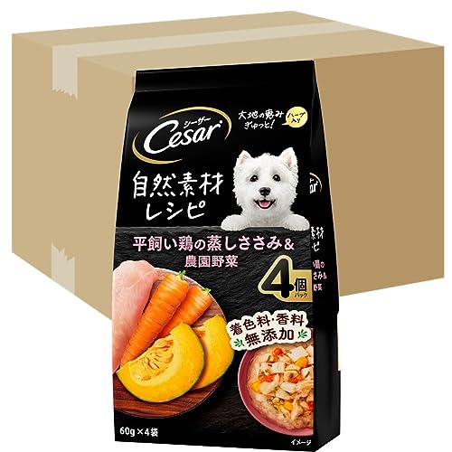 シーザー 自然素材レシピ 平飼い鶏の蒸しささみ&農園野菜 60g×4袋×36個(ケース買い) ドッグフード 無添加