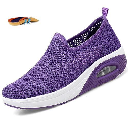 Women's Mesh Orthopedic Air Cushion Walking Shoes Casual Breathable Platform Wedge Slip-ons Sneakers Light Arch Support Toning Rocker Shoes