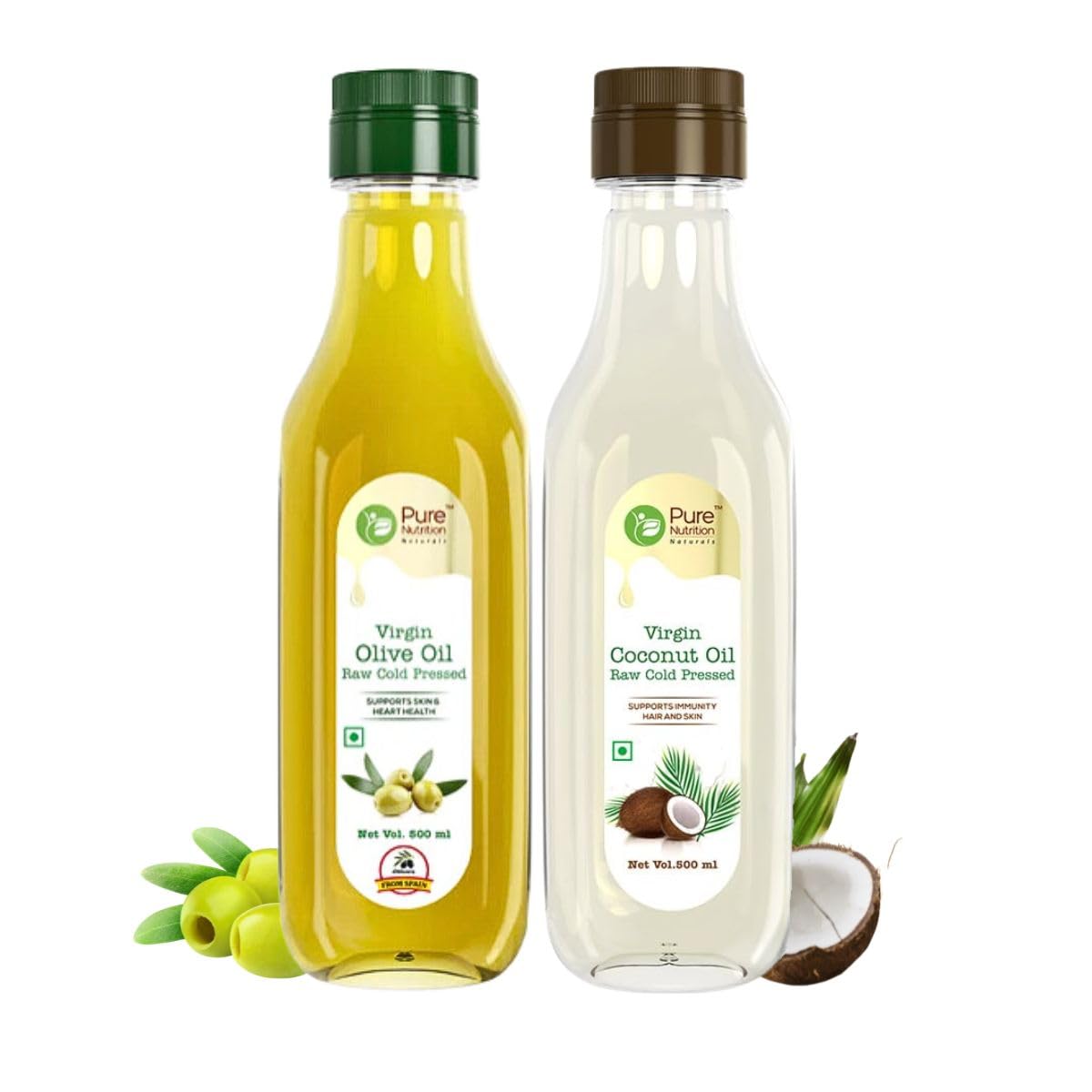 Pure Nutrition Naturals Combo Of Raw Cold Pressed Virgin Olive Oil & Coconut Oil - 500ml, Low in Saturated Fat | Natural Cooking Oil, for Dressings, Salad, and Soups, Dips & Marinades - Combo Pack (B0BCW2PH32) Amazon Price History, Amazon Price Tracker