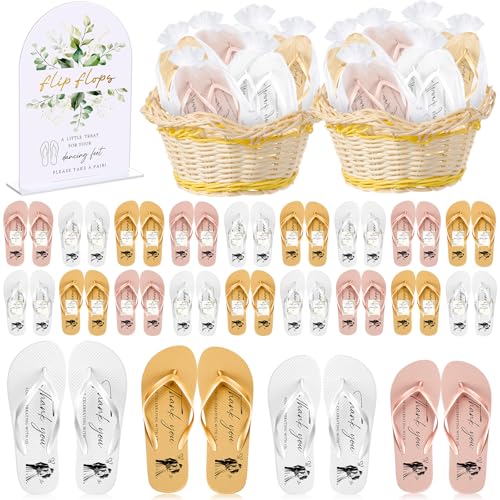 Image of 24 Pairs Bulk Flip Flops for Wedding Guests | Reception Sandals, Wedding Party Favors with Sign, Size Cards, Bagged, Dance Floor Slippers