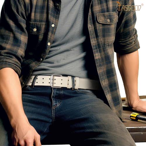 Image of JASGOOD Men Double Prong PU Leather Belt Casual Work Heavy Duty Belt Double Grommet Holes Belt for Jeans