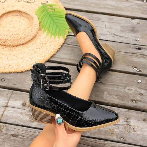 Escarpins noirs en cuir verni crocodile avec sangles et talon bloc chic - 7