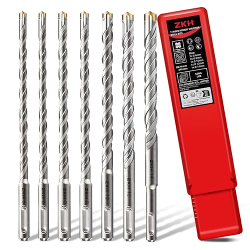 ZKH Foret Beton SDS PLUS, Meche Beton pour Perceuse Percussion, 210mm*7PCS (Ø 6,8,10,12,14 mm) à Tête Croisée, en Acier Métal, Géometrie à 4 Arêtes, pour Brique,...