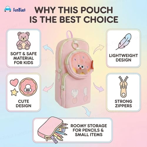 Image of FunBlast Pencil Pouch for Kids, Girls - Large Capacity Multipurpose Stationery Zipper Pouch with Coin Pouch for Kids & Adults, Kawaii Aesthetic Pencil Case Organizer, Cute School Supply Bag (Pink)
