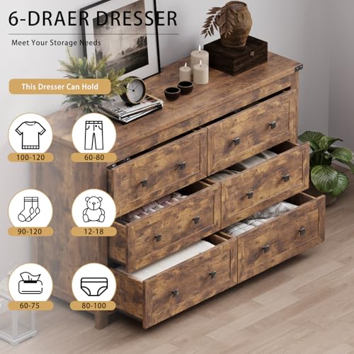 Image of Wodeer 6 Drawer Dresser for Bedroom, Brown Modern Dressers & Chests of Drawers with Metal Handles, Closet Storage Dresser, Storage Cabinet and Organizer with Drawers