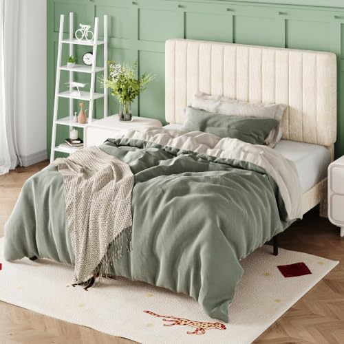 Image of Allewie Twin Bed Frame, Upholstered Platform Bed with Adjustable Vertical Channel Tufted Headboard, Mattress Foundation with Strong Wooden Slats, Box Spring Optional, Easy Assembly, Chenille White