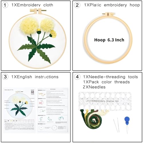 Image of Dandelion Flower Embroidery Kits for Beginners Adults, Hand Embroidery Starter Kits, Cross Stitch Kits for Beginners DIY Craft Kits for Adults Women, Entire Set of Embroidery Supplies & Video Tutorial