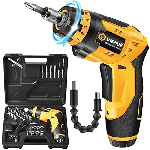 VIGRUE Cordless Screwdriver, Rechargeable Electric Screwdriver with 45 Free Accessories, Battery Indicator, 7 Torque Setting, 2 Position Handle with LED Light, Flexible Shaft Cover