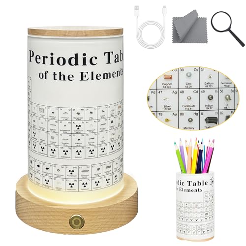 Tableau périodique avec de vrais éléments inclus dans un porte-stylo 3D acrylique et socle bois
