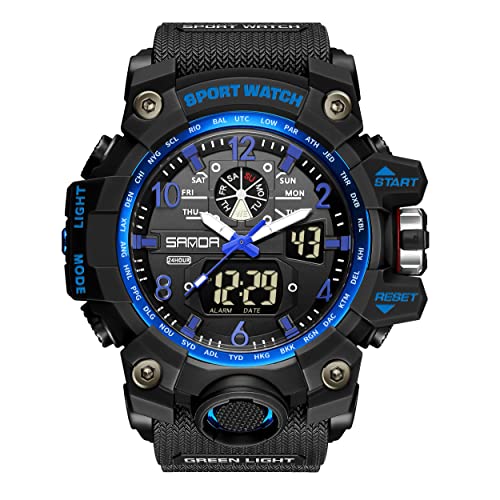 KXAITO Mens Watches Sports Outdoor Waterproof Military Watch Date Multi Function Tactics LED Face Alarm Stopwatch for Men 3169 (Blue)