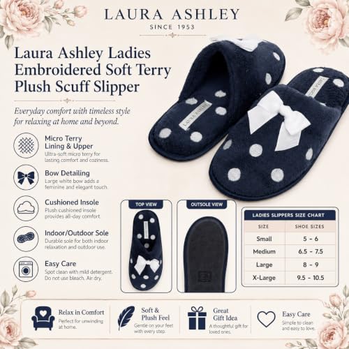 Image of Laura Ashley Ladies Embroidered Soft Terry Plush Scuff Slipper
