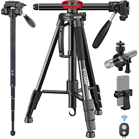 EVUMO Stativ Kamera 167cm, Aluminium Kamera-Stativ mit 90 Grad Schwenkbarer Mittelsäule, Monopods Funktion Kamerastativ Dreibein-Stative Für DSLR Camcorder Cover