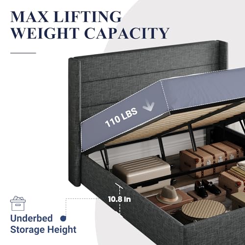 Allewie Queen Size Lift Up Storage Bed, Modern Wingback Headboard, Hydraulic Support, No Box Spring Needed, Dark Grey