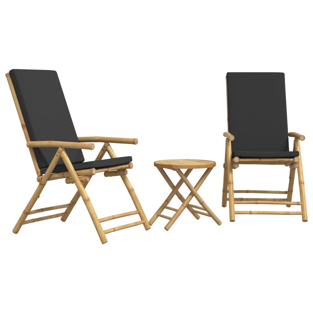 Set bistrot pieghevole con cuscini 3 pezzi bambù grigio scuro set di mobili da tavolo e sedie, per terrazza, tipo bistrot, piccoli balconi, terrazze
