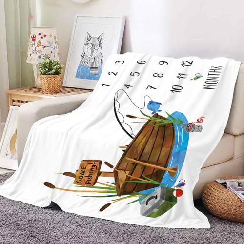 Image of Yuzioey Gone Fishing Baby Milestone Blanket with Birth Stat Sign (50 inchx40 inch) | Gone Fishing Growth Chart Monthly Blanket, Watch Me Grow Boat Baby Nursery for New Moms Shower