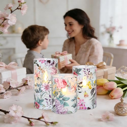 Image of CRYSTAL CLUB Floral Glass Flameless Candles Battery Operated with Remote, Realistic LED Flickering Pillar Candle for Wedding, Home Decor