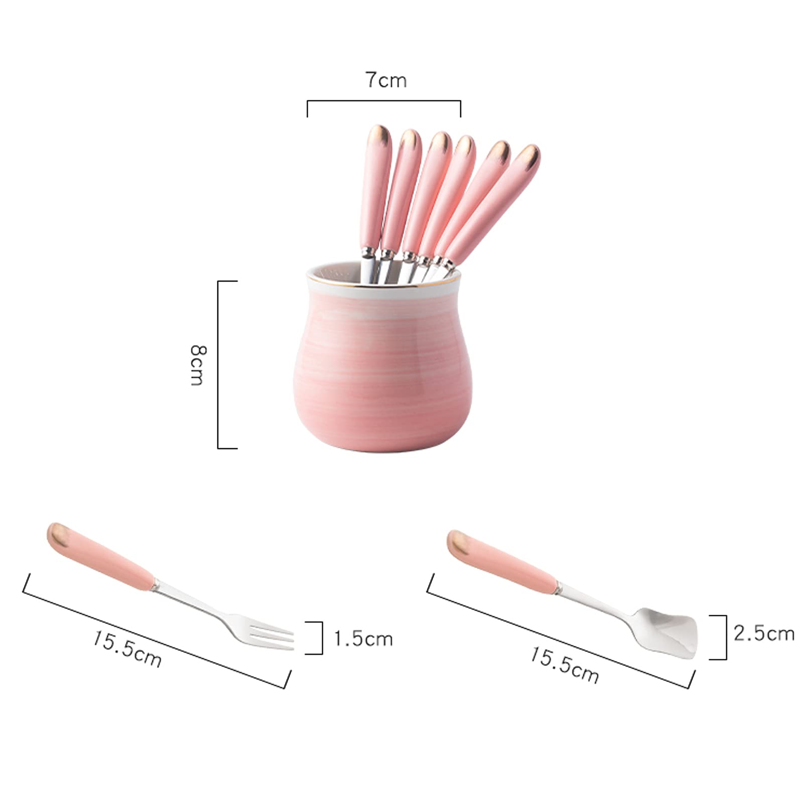 Exquisita cerámica, juego de tenedor y cuchara de acero inoxidable con mango de cerámica, juego de cuchara de tenedor de pastel de fruta de postre, tenedor de fruta de acero inoxidable, tenedor de ens