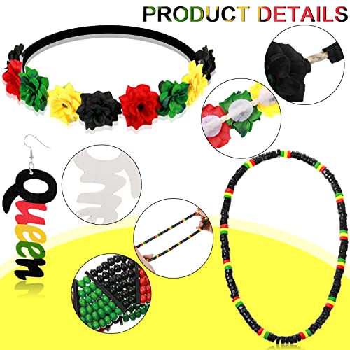 4 Pieces Multicolor Beaded Jamaican Bracelet Wood Dangle Pierced Earrings Floral Flower Crown Stretch Headband Rasta Beads Necklace #TOP2