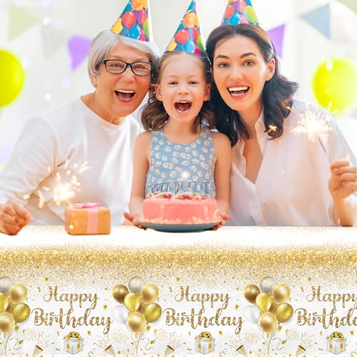 Image of Happy Birthday Tablecloths - Gold & White Party Decorations, 3pcs Disposable Table Covers for Indoor /Outdoor Birthdays