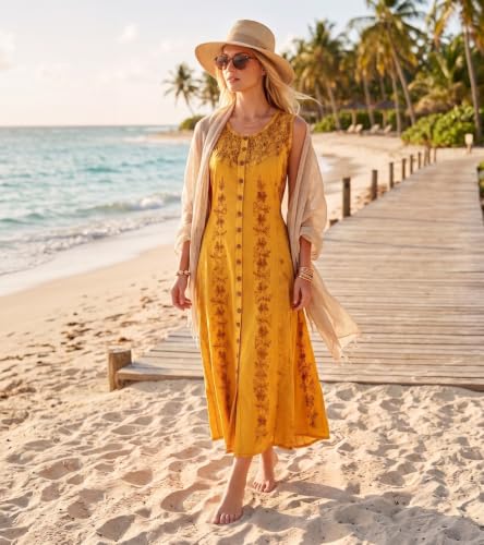 Image of Sakkas Maya Floral Embroidered Sleeveless Button Up Rayon Dress