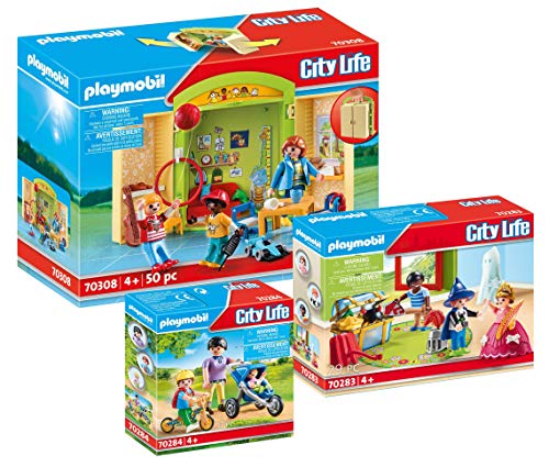 Preisvergleich Produktbild Playmobil Kindergarten Kita Set: 70308 Mitnehm-Kita + 70283 Kinder mit Verkleidungskiste + 70284 Mama mit Kinderwagen und Kindern