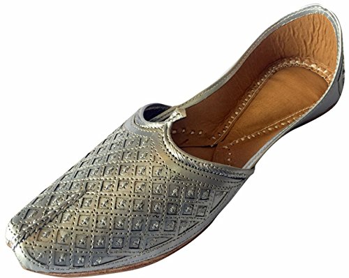 Step n Style Men's Flat Silver Wedding Khussa Shoes Traditional Indian Leather Loafer Punjabi Jutti US 10.5