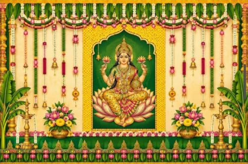 Image of Lakshmi Devi Backdrop Cloth for Decoration | Mahalakshmi Puja Backdrop with Hanging Lotus Strings and Banana Trees, Festive Backdrop with Goddess Lakshmi 8x8 Feet | varalakshmi Pooja Backdrop