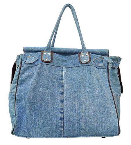 Bijoux De Ja X-Large Blue Denim Double Top Handle Tote Shopper Handbag Purse For Women #TOP1