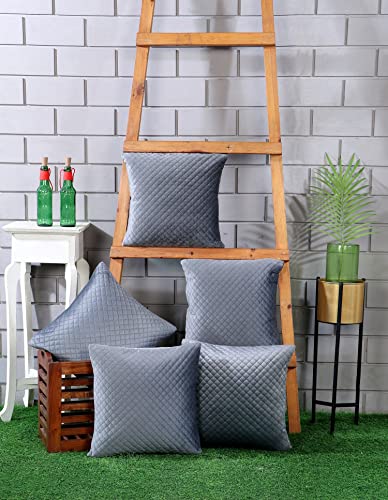 Image of Nendle Luxurious Soft Velvet Solid Color Quilted 210 TC Cushion Covers 16 Inch X 16 Inch Set Of 5 (Grey, 40 * 40 Cm)