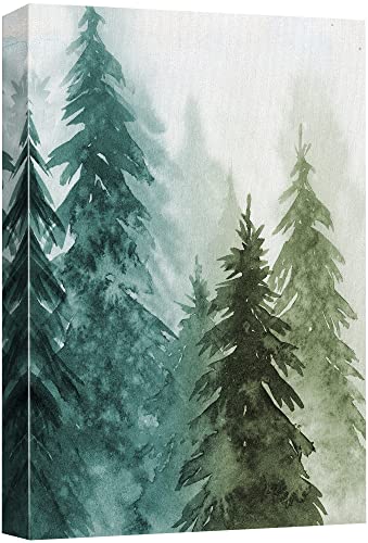 Image of SIGNWIN Canvas Print Wall Art Woodland Nursery Decor Green & Teal Watercolor Forest Pine Trees Floral Nature Illustrations Modern Chic Dramatic Multicolor for Living Room, Bedroom, Office - 12"x18"