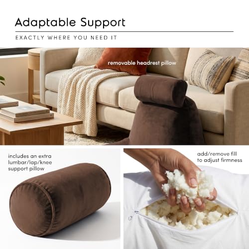 Image of Nestl Reading Pillow with Shredded Memory Foam Includes 2 Neck and Lumber Support Pillows, Designed for Sitting Up in Bed and Couch, Back and Arms Adjustable Support for Adult & Teens, Chocolate Brown