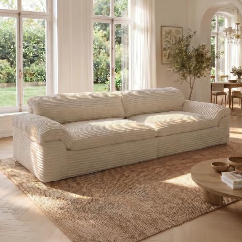 Image of Vesgantti 118 inch Boneless Couches for Living Room, Cloud Sectional Couch & Deep Seat, 3 Seater Comfy Corduroy Modular Sofa, Modern Slouch Couch, No Assembly Required, Beige