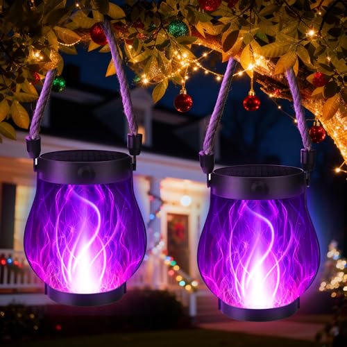 Jyoiat Christmas Solar Flame Lantern Hanging Outdoor Waterproof Purple - 2 Pack Flame Lanterns with Dual Charging Modes of Solar & USB for Garden or Yard Decorations (Purple - 2 Pack)